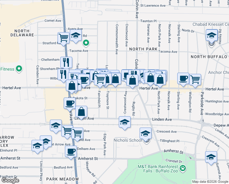 map of restaurants, bars, coffee shops, grocery stores, and more near in Buffalo
