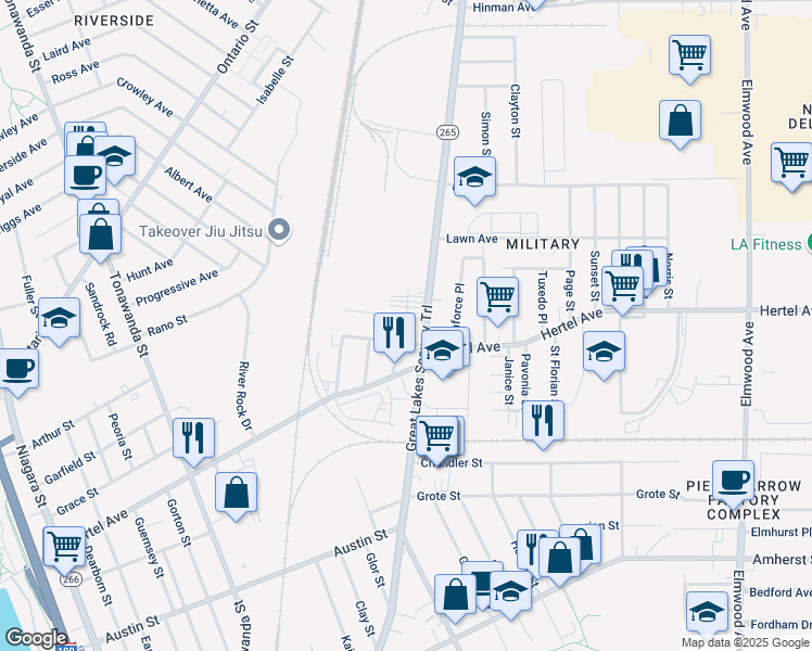 map of restaurants, bars, coffee shops, grocery stores, and more near 70 Sayre Street in Buffalo
