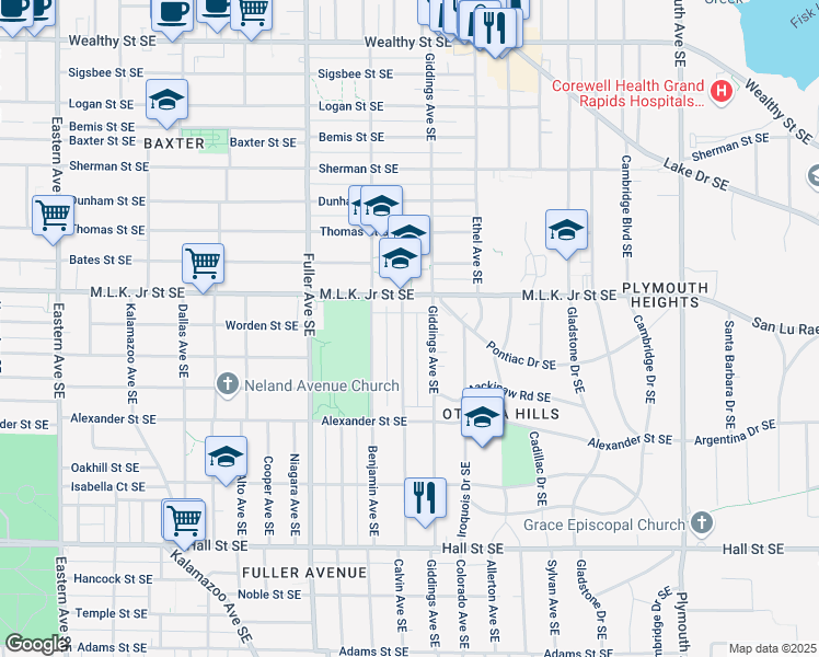 map of restaurants, bars, coffee shops, grocery stores, and more near 1352 Franklin Street Southeast in Grand Rapids