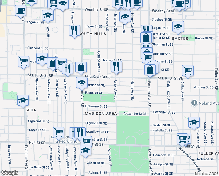 map of restaurants, bars, coffee shops, grocery stores, and more near 815 Union Avenue Southeast in Grand Rapids