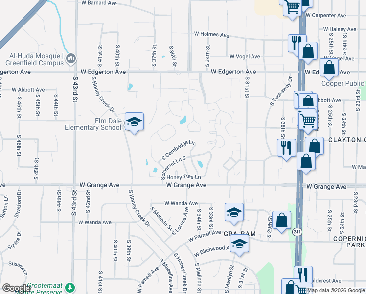 map of restaurants, bars, coffee shops, grocery stores, and more near 5332 South Butterfield Way in Greenfield