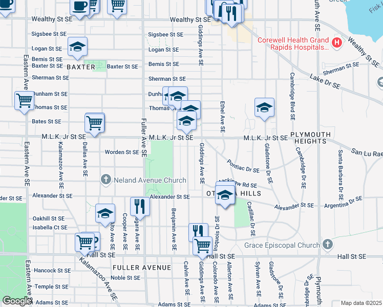map of restaurants, bars, coffee shops, grocery stores, and more near 1352 Franklin Street Southeast in Grand Rapids