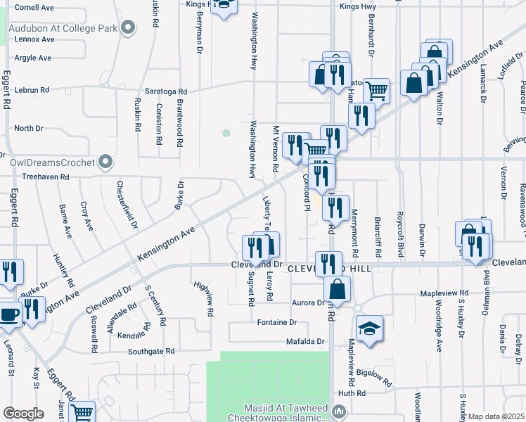 map of restaurants, bars, coffee shops, grocery stores, and more near 84 Liberty Terrace in Buffalo
