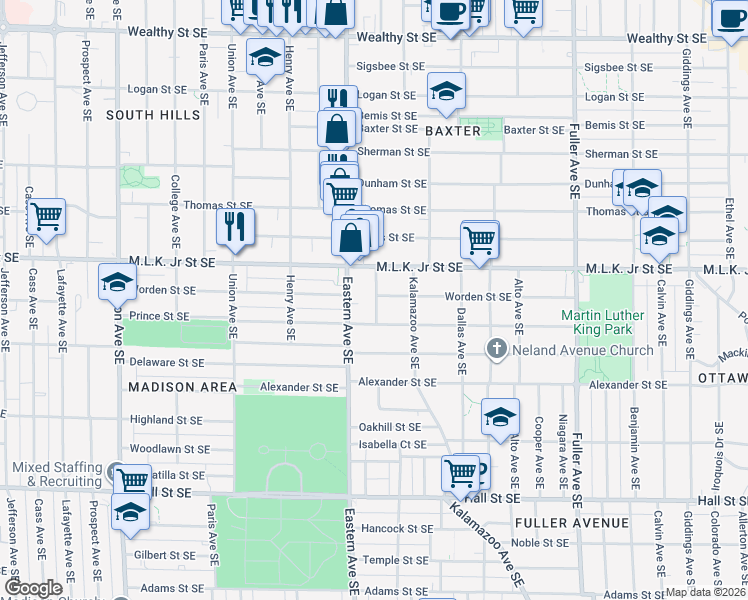 map of restaurants, bars, coffee shops, grocery stores, and more near 833 Geneva Avenue Southeast in Grand Rapids