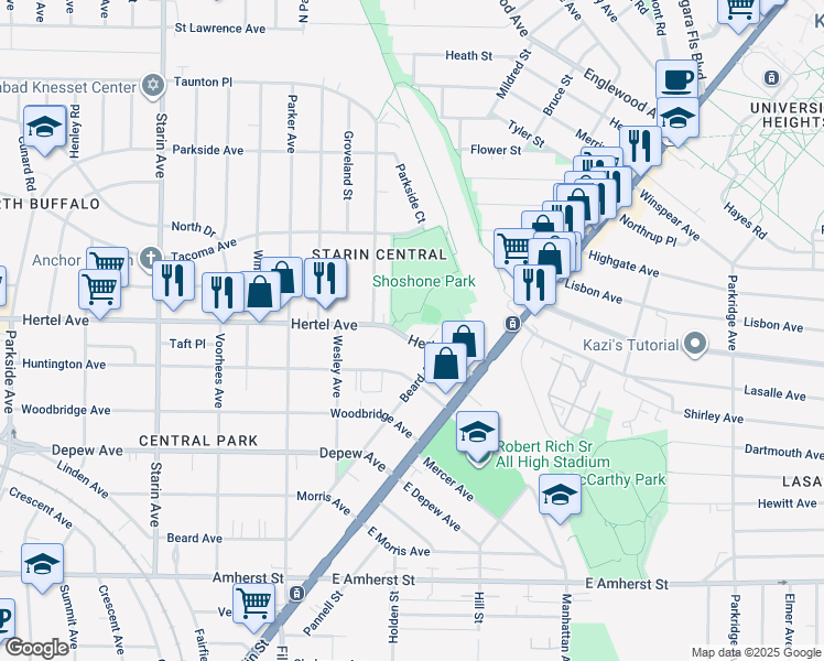 map of restaurants, bars, coffee shops, grocery stores, and more near 2000 Hertel Avenue in Buffalo