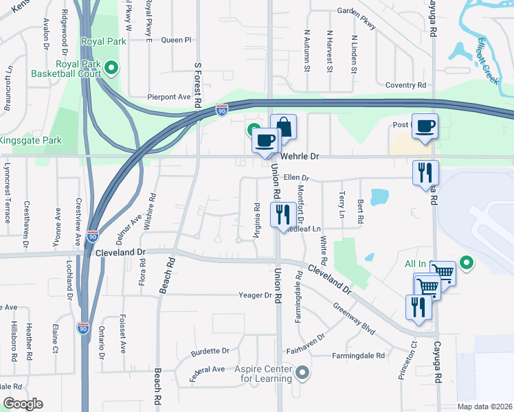 map of restaurants, bars, coffee shops, grocery stores, and more near 94 Virginia Road in Buffalo