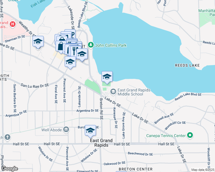 map of restaurants, bars, coffee shops, grocery stores, and more near 2425 Lake Drive Southeast in Grand Rapids