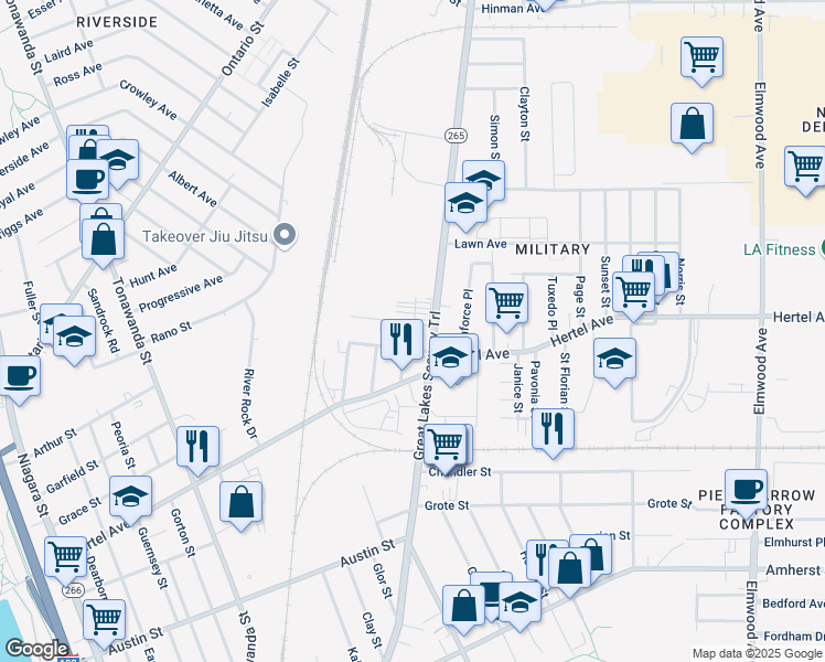 map of restaurants, bars, coffee shops, grocery stores, and more near 70 Sayre Street in Buffalo
