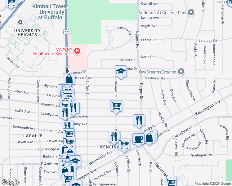 map of restaurants, bars, coffee shops, grocery stores, and more near Orleans St & Rounds Ave in Buffalo