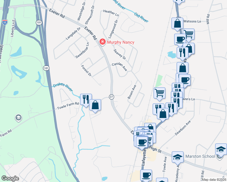 map of restaurants, bars, coffee shops, grocery stores, and more near 103 Exeter Road in Hampton