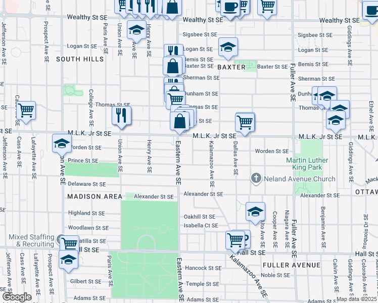 map of restaurants, bars, coffee shops, grocery stores, and more near 833 Geneva Avenue Southeast in Grand Rapids