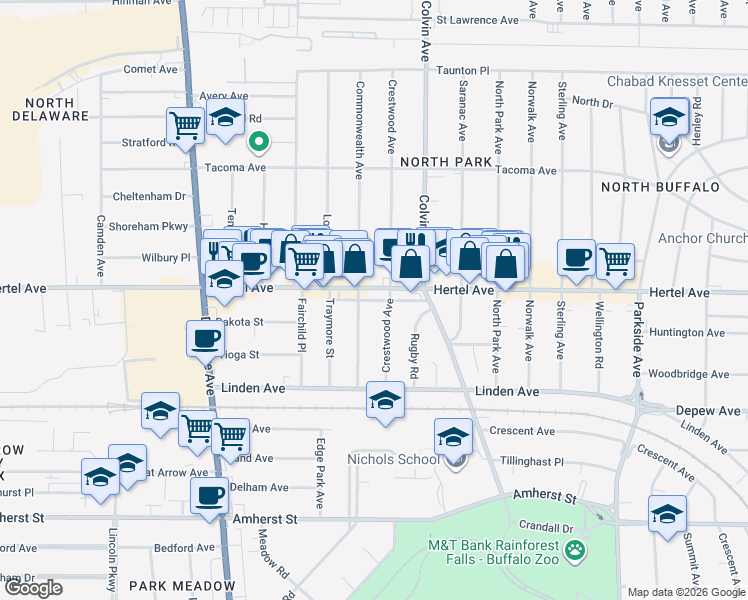 map of restaurants, bars, coffee shops, grocery stores, and more near Hertel Alley in Buffalo