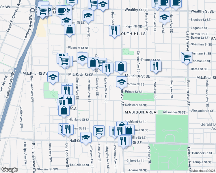 map of restaurants, bars, coffee shops, grocery stores, and more near 808 Prospect Avenue Southeast in Grand Rapids