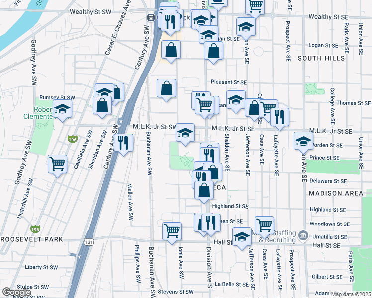 map of restaurants, bars, coffee shops, grocery stores, and more near 50 Antoine Street Southwest in Grand Rapids