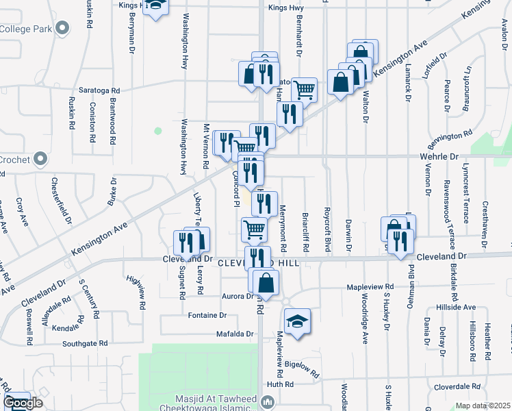 map of restaurants, bars, coffee shops, grocery stores, and more near 3818-38 Harlem Road in Buffalo