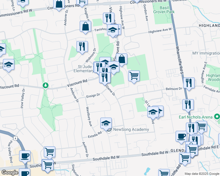 map of restaurants, bars, coffee shops, grocery stores, and more near 746 Notre Dame Drive in London