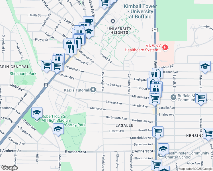 map of restaurants, bars, coffee shops, grocery stores, and more near 197 Highgate Avenue in Buffalo