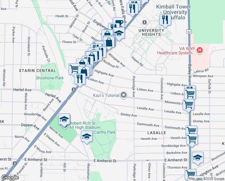 map of restaurants, bars, coffee shops, grocery stores, and more near 98 Lisbon Avenue in Buffalo