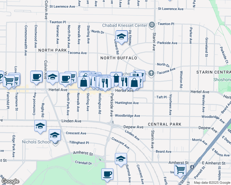 map of restaurants, bars, coffee shops, grocery stores, and more near 1598 Hertel Avenue in Buffalo