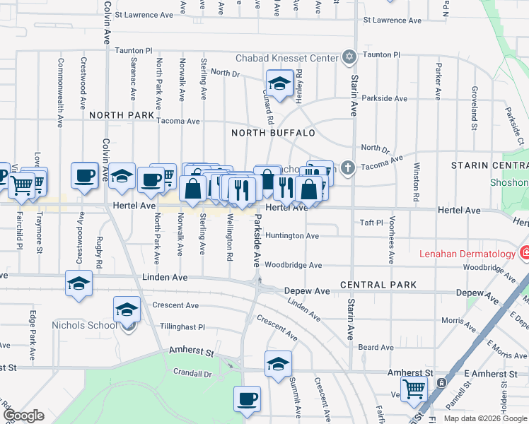 map of restaurants, bars, coffee shops, grocery stores, and more near 1598 Hertel Avenue in Buffalo