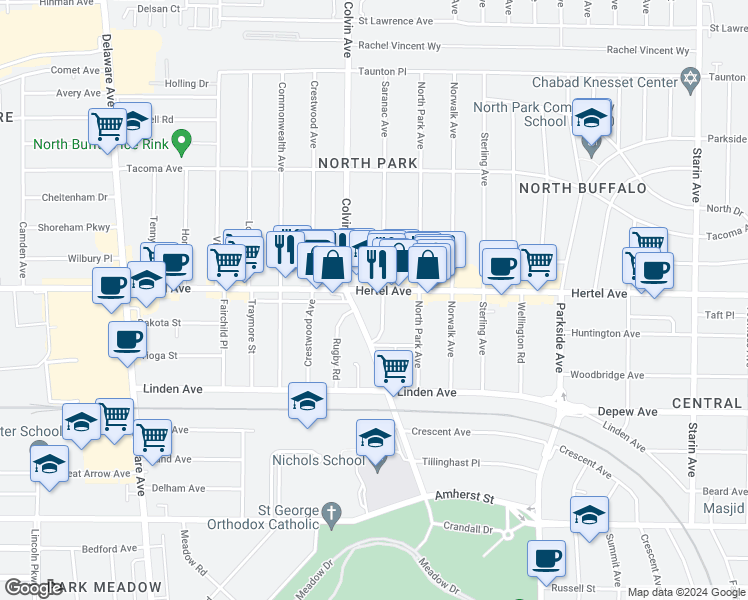 map of restaurants, bars, coffee shops, grocery stores, and more near 1350 Hertel Avenue in Buffalo
