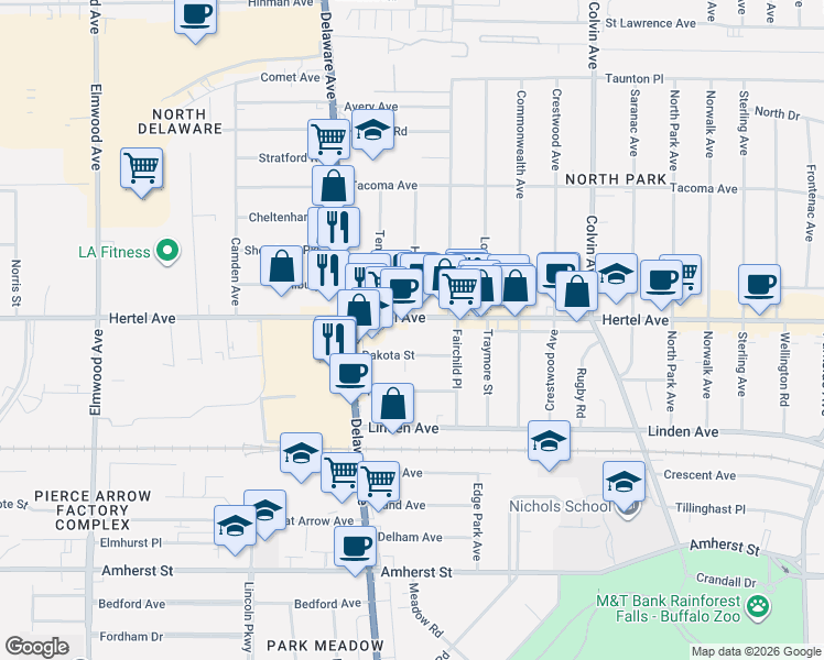 map of restaurants, bars, coffee shops, grocery stores, and more near 1154 Hertel Avenue in Buffalo