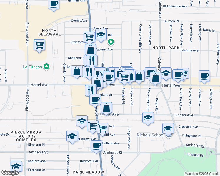 map of restaurants, bars, coffee shops, grocery stores, and more near 1154 Hertel Avenue in Buffalo