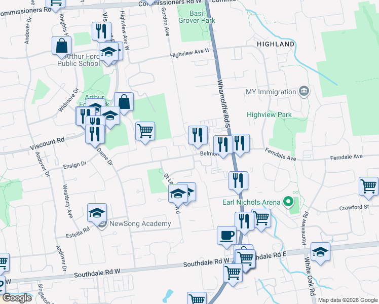 map of restaurants, bars, coffee shops, grocery stores, and more near 135 Belmont Drive in London