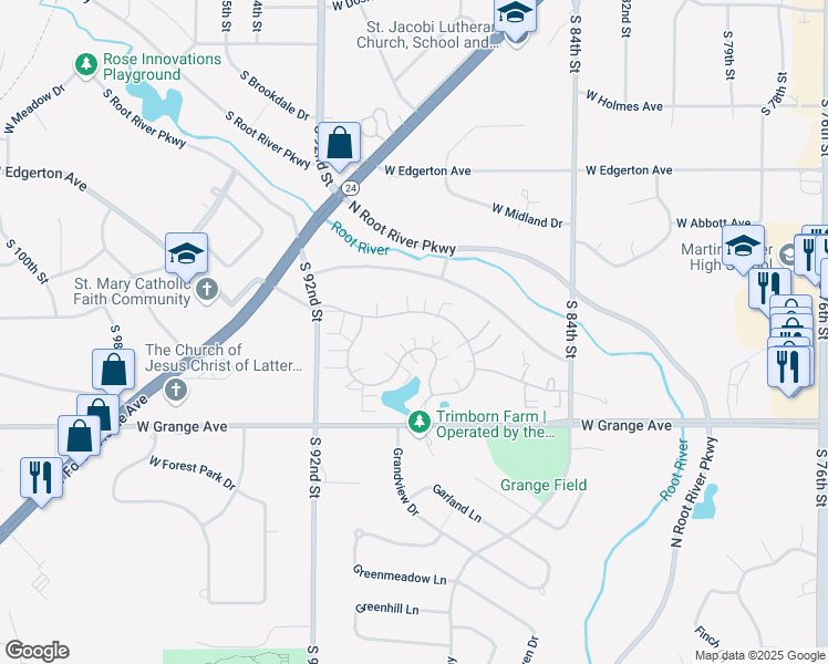 map of restaurants, bars, coffee shops, grocery stores, and more near 8887 Westlake Drive in Greendale