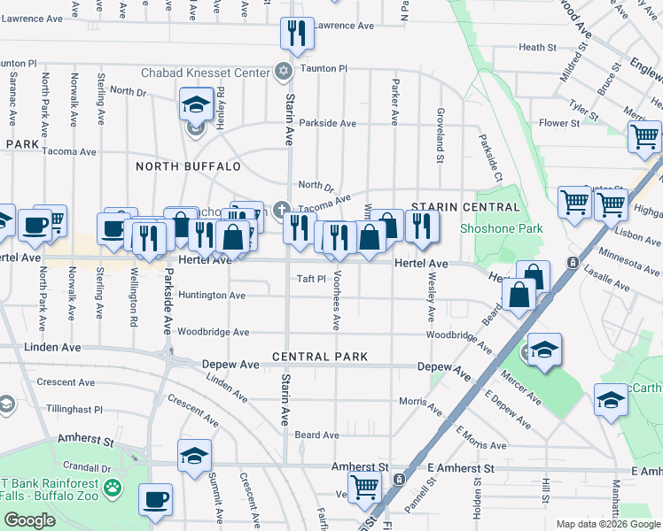 map of restaurants, bars, coffee shops, grocery stores, and more near 272 Voorhees Avenue in Buffalo