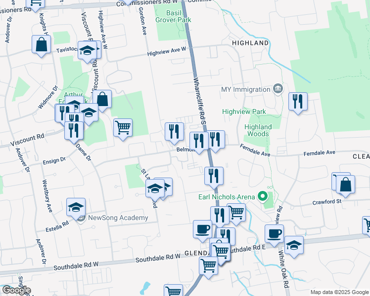 map of restaurants, bars, coffee shops, grocery stores, and more near 115 Belmont Drive in London