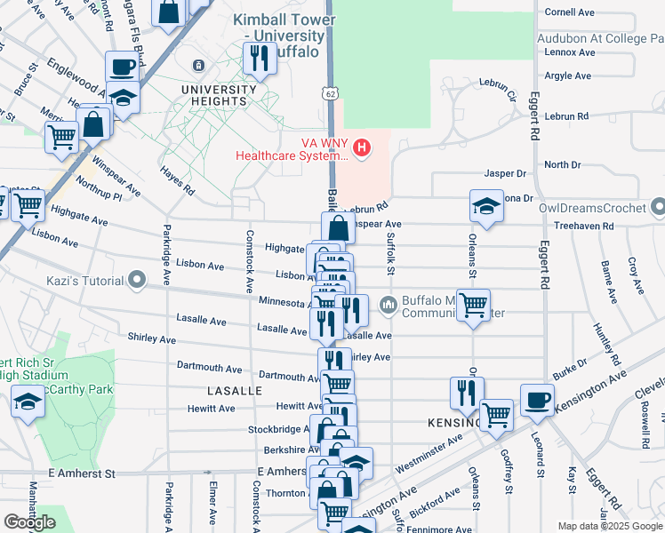 map of restaurants, bars, coffee shops, grocery stores, and more near Bailey Avenue & Rounds Avenue in Buffalo