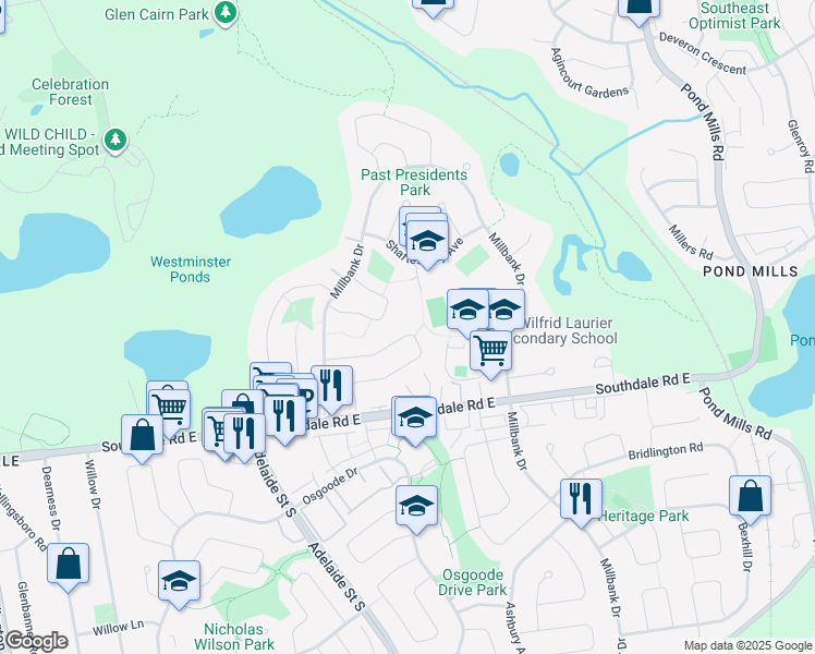 map of restaurants, bars, coffee shops, grocery stores, and more near 91 Downing Crescent in London