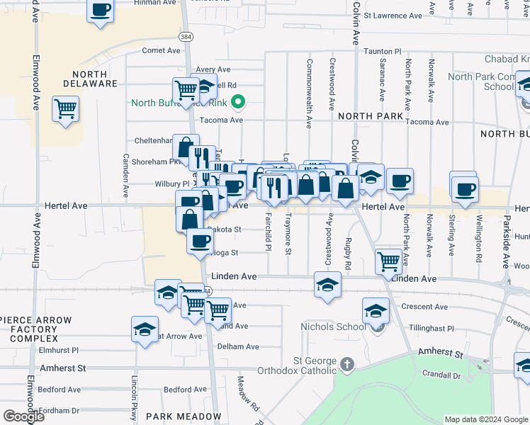 map of restaurants, bars, coffee shops, grocery stores, and more near 102 Fairchild Place in Buffalo