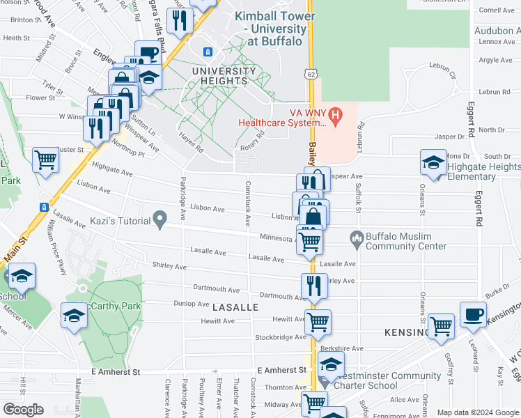 map of restaurants, bars, coffee shops, grocery stores, and more near 314 Lisbon Avenue in Buffalo