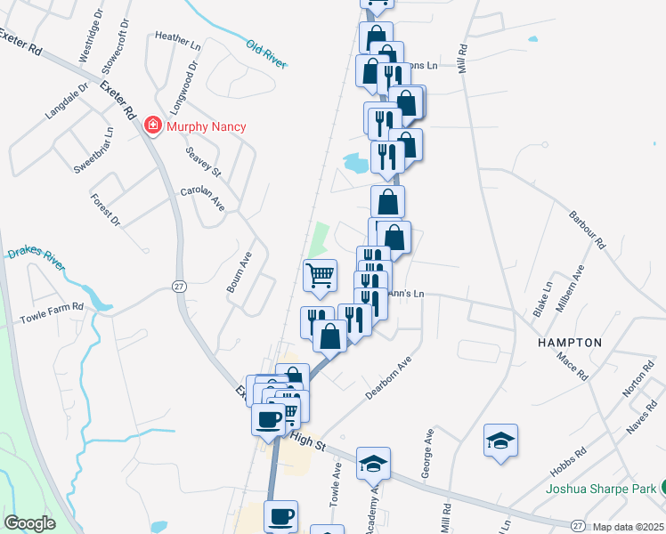 map of restaurants, bars, coffee shops, grocery stores, and more near 29 Fairfield Drive in Hampton