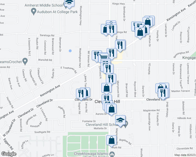 map of restaurants, bars, coffee shops, grocery stores, and more near 90 Concord Drive in Buffalo