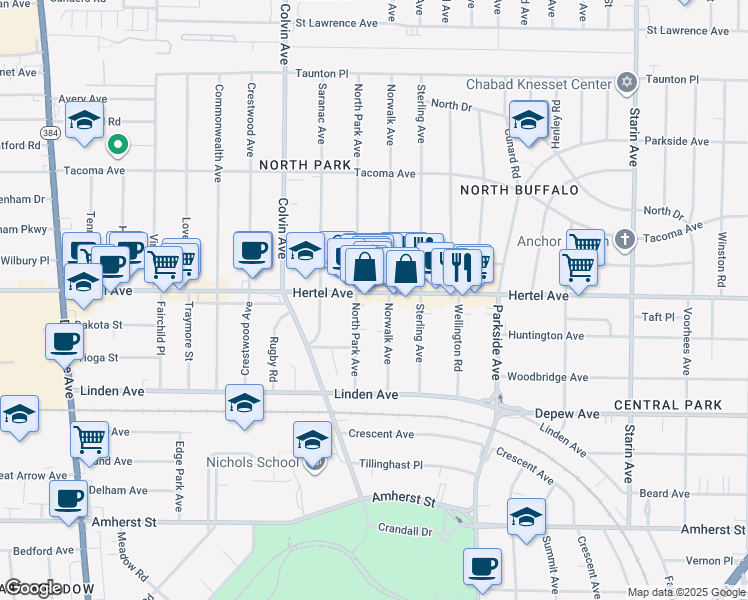 map of restaurants, bars, coffee shops, grocery stores, and more near 1440 Hertel Avenue in Buffalo