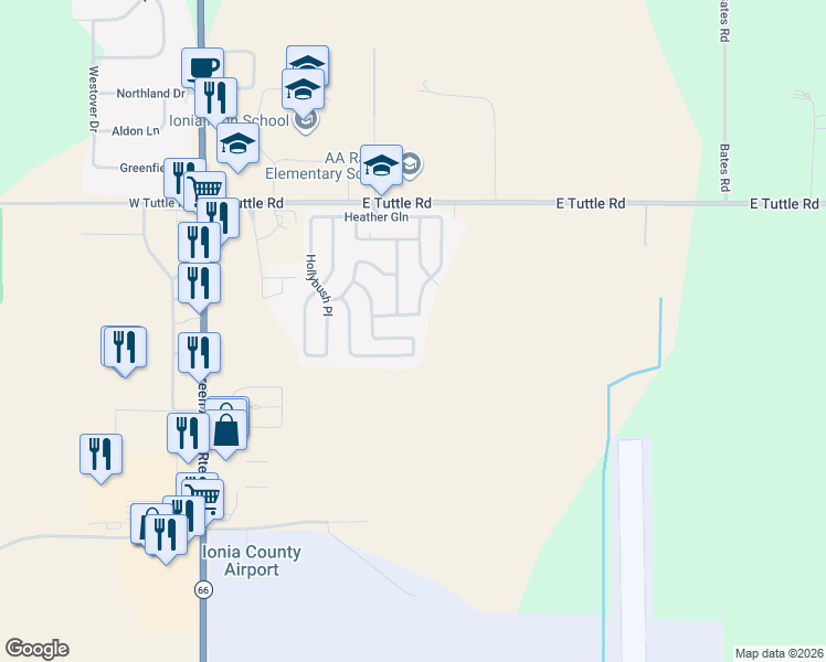 map of restaurants, bars, coffee shops, grocery stores, and more near Bayberry Lane in Ionia