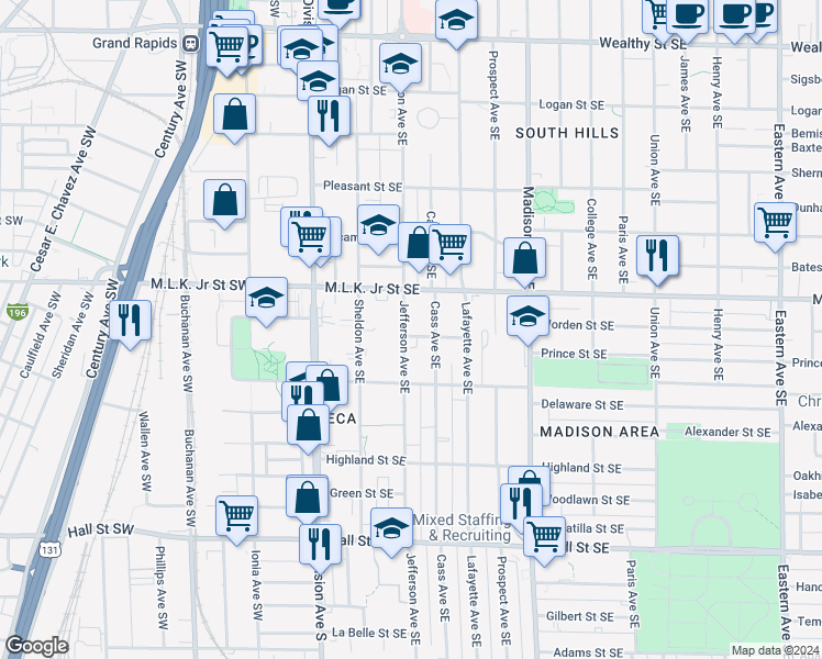 map of restaurants, bars, coffee shops, grocery stores, and more near 207 Powell Street Southeast in Grand Rapids