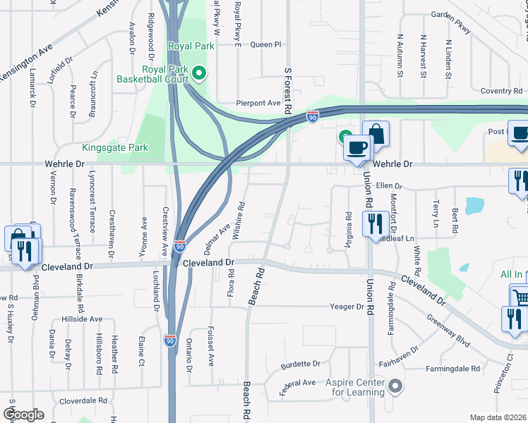 map of restaurants, bars, coffee shops, grocery stores, and more near 996 Beach Road in Cheektowaga