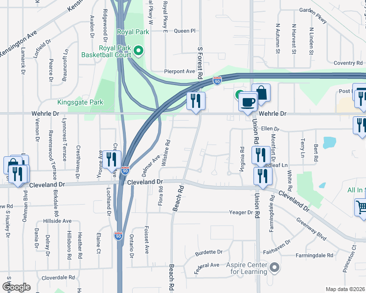 map of restaurants, bars, coffee shops, grocery stores, and more near 996 Beach Road in Cheektowaga