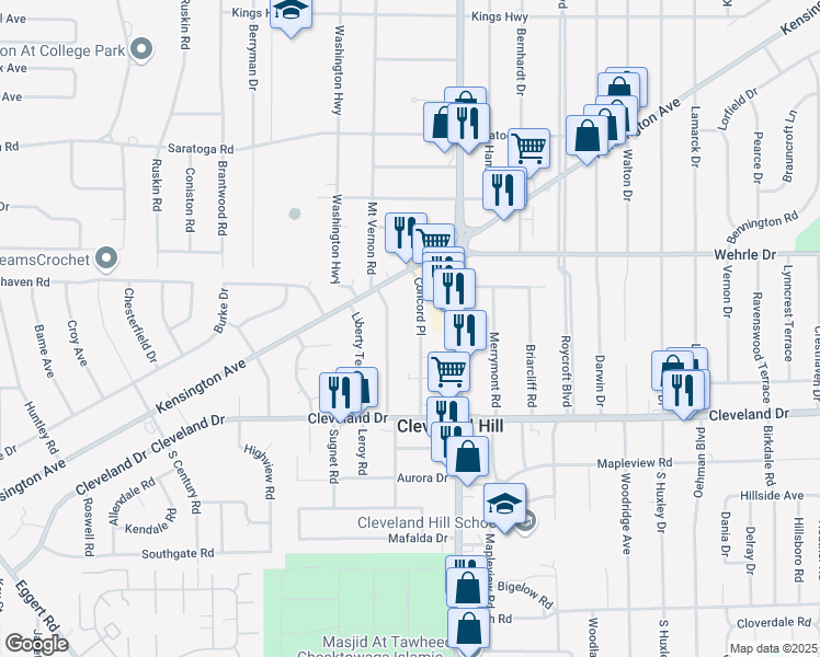 map of restaurants, bars, coffee shops, grocery stores, and more near 110 Concord Drive in Buffalo
