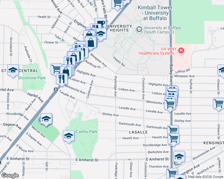 map of restaurants, bars, coffee shops, grocery stores, and more near 178 Lisbon Avenue in Buffalo