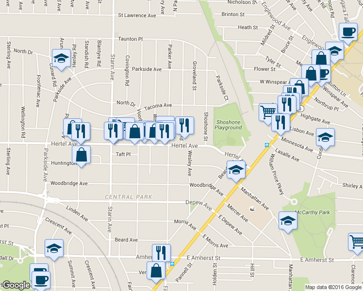 map of restaurants, bars, coffee shops, grocery stores, and more near 315 Parker Avenue in Buffalo
