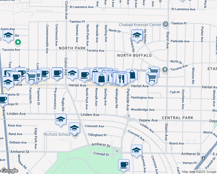 map of restaurants, bars, coffee shops, grocery stores, and more near in Buffalo