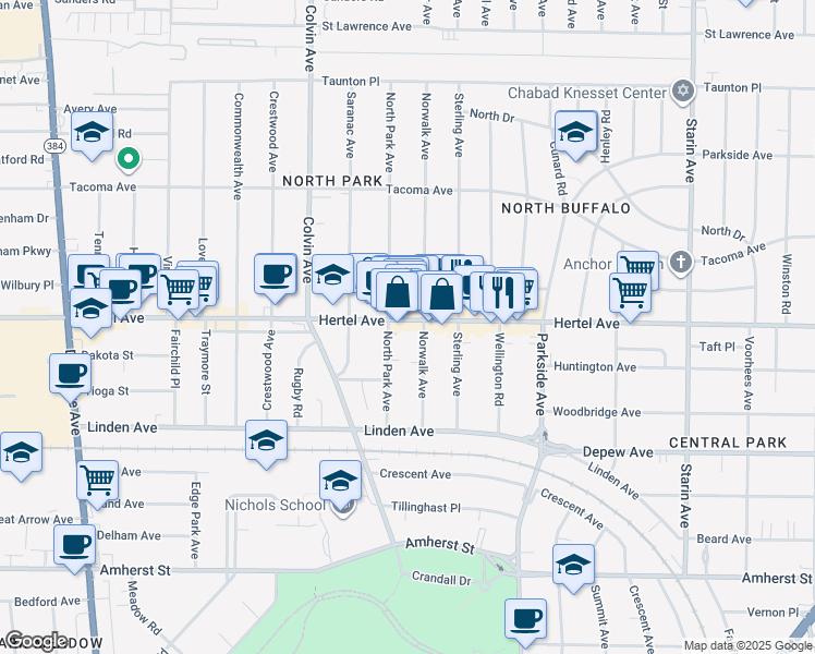 map of restaurants, bars, coffee shops, grocery stores, and more near 1440 Hertel Avenue in Buffalo