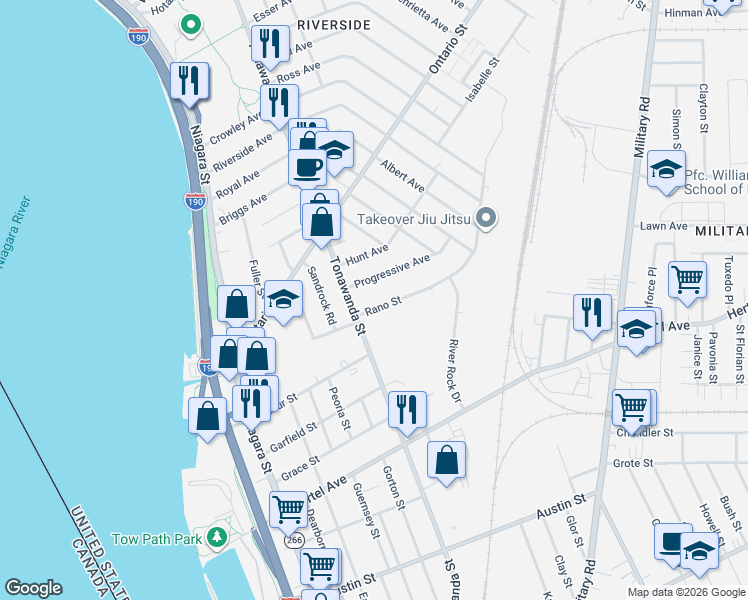 map of restaurants, bars, coffee shops, grocery stores, and more near 35 Progressive Avenue in Buffalo