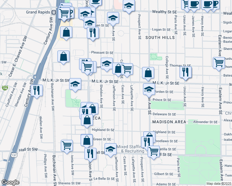 map of restaurants, bars, coffee shops, grocery stores, and more near in Grand Rapids