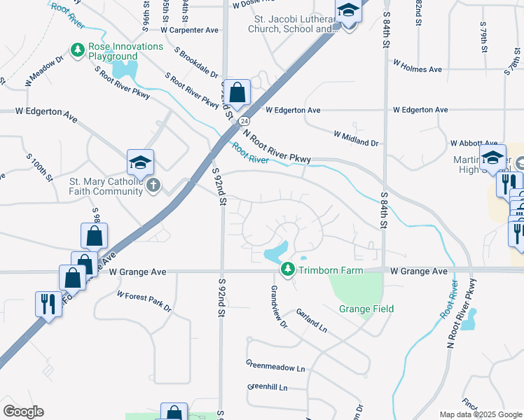 map of restaurants, bars, coffee shops, grocery stores, and more near 9044 Westlake Drive in Greendale